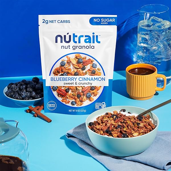 NUTRAIL NUT GRANOLA CEREAL, BLUEBERRY CINNAMON, NO SUGAR ADDED, KETO, LOW CARB, GLUTEN FREE, GRAIN FREE, HEALTHY BREAKFAST 8 OZ. 1 COUNT