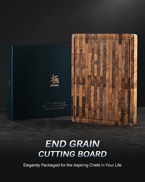 KYOKU END GRAIN WOOD CUTTING BOARD, 20X15 IN. BOARD FOR KITCHEN WITH 3 INGREDIENT HOLDERS & WAX OIL INCLUDED, REVERSIBLE TEAK WOOD CUTTING BOARD BUTCHER BLOCK FOR CHOPPING CUTTING CARVING