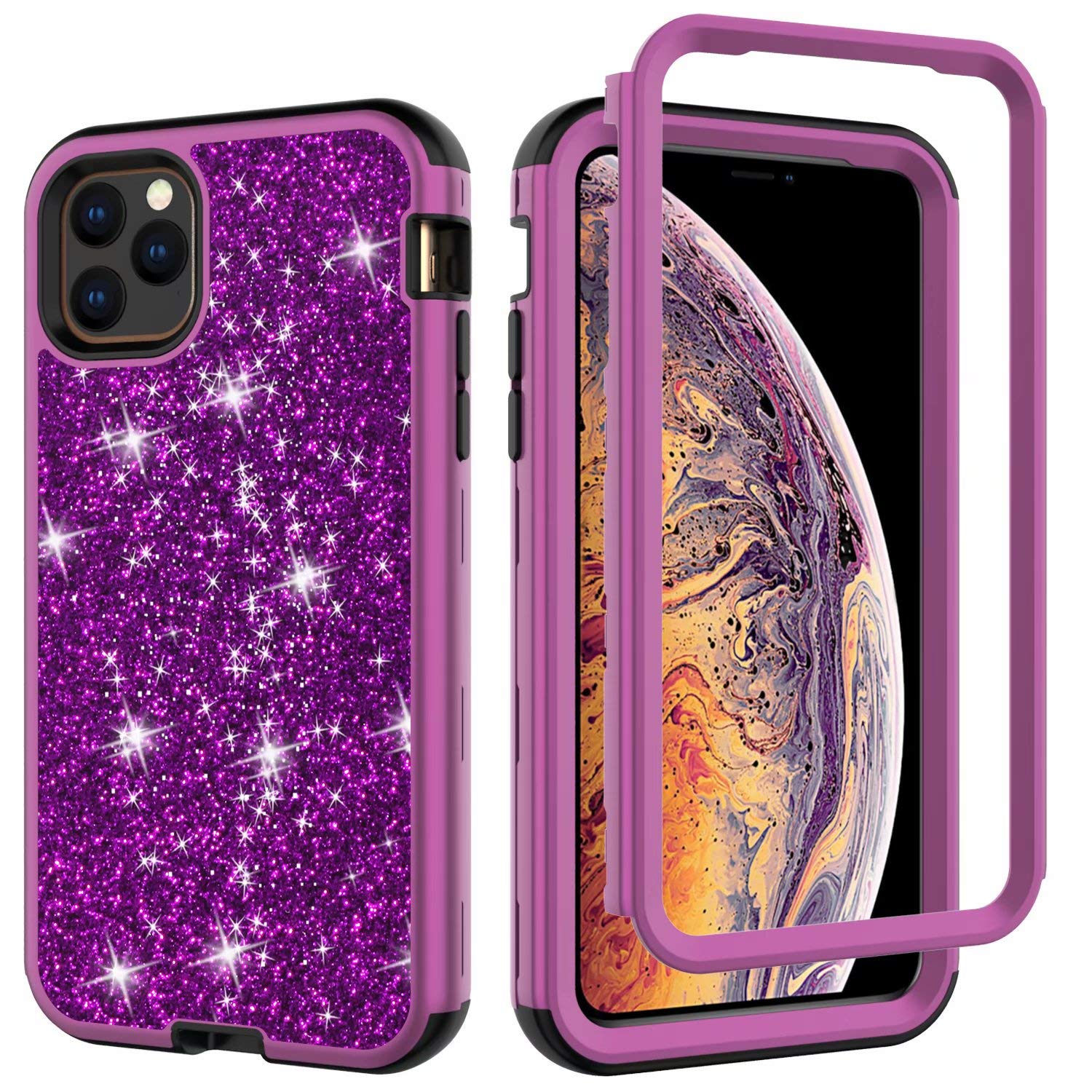 Adamarkeer Designed for iPhone 11 Pro Case Glitter 360 Degree Full Body Protection Crystal Shiny Glitter Sparkly Bling Cute Girls Women Case Heavy Duty Bumper Shockproof Cover (Dark Purple)