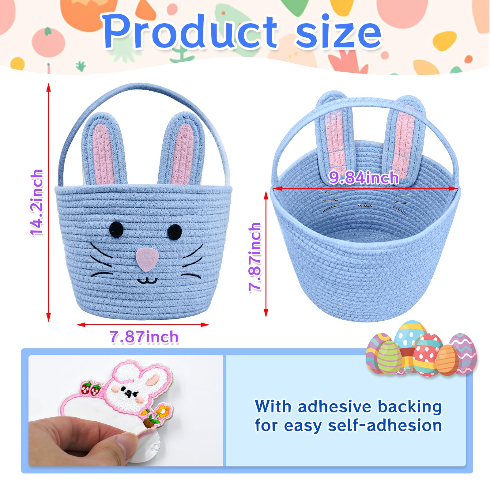 Brbecon Easter Bunny Basket for Kids with Name Tag, Blue Small Woven Easter Basket for Girls, Easter Egg Hunt Baskets Bags Easter Gifts Basket for Girls Baby Kids Children 9.8 x 7.8 x 7.8