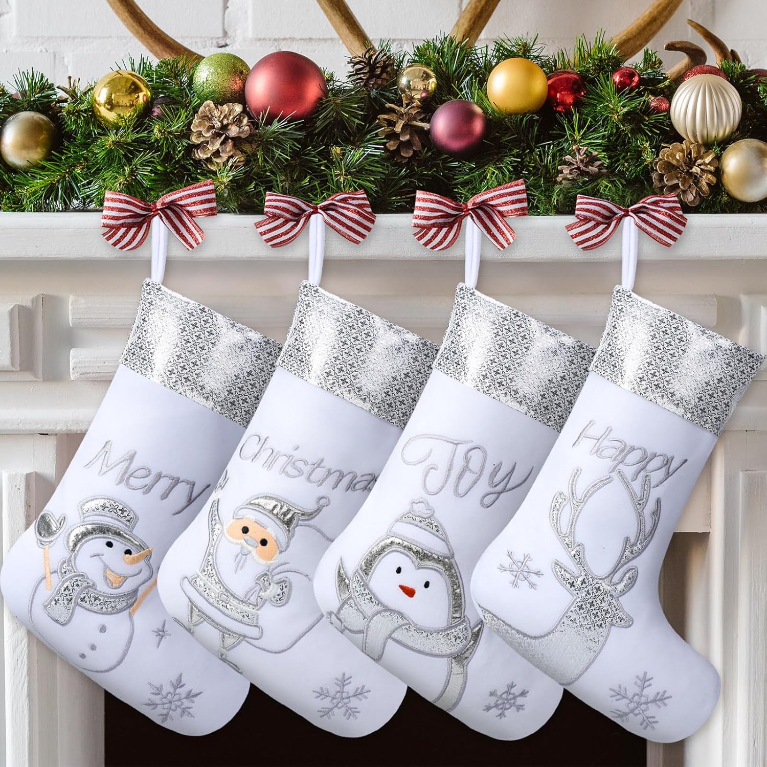 Stockings & Holders - 4 Pcs White Christmas Stockings Large Xmas Santa Stockings with Silver Reindeer Snowflake Snowman Penguin Fireplace Tree Decorations Hanging Ornament for Xmas Decor Family Kids, 17 Inches (Vintage)