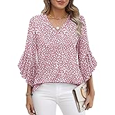 OFEEFAN Blouses for Women Dressy Casual 3/4 Length Sleeve Womens Tops V Neck Tshirts Shirts with Flared Sleeve