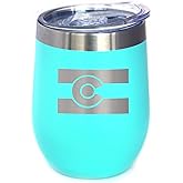 Bevvee Colorado Flag Wine Tumbler with Sliding Lid - Stemless Stainless Steel Insulated Cup - Cute Outdoor Camping Mug - Teal
