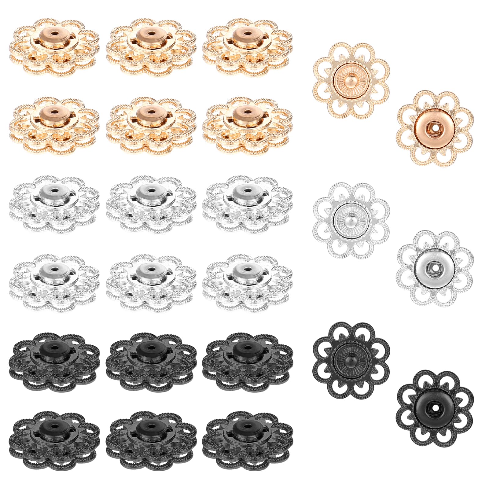 Photo 1 of Yuanchu 24 Sets Flower Snap Buttons, 21mm Vintage Metal Sew On Press Snap Button Fasteners 3 Colors Decorative Button for Clothes DIY Crafts