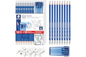STAEDTLER Norica Pencil Set: 50 Pre-sharpened #2 HB Pencils with 50 Eraser Caps & Double-Hole Sharpener, Break-Resistant Lead, School Pack