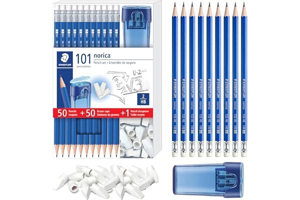 STAEDTLER Norica Pencil Set: 50 Pre-sharpened #2 HB Pencils with 50 Eraser Caps & Double-Hole Sharpener, Break-Resistant Lead