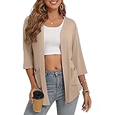 Bettysays Women's 3/4 Sleeve Open Front Cardigan Casual Loose Lightweight Cardigans with Pockets