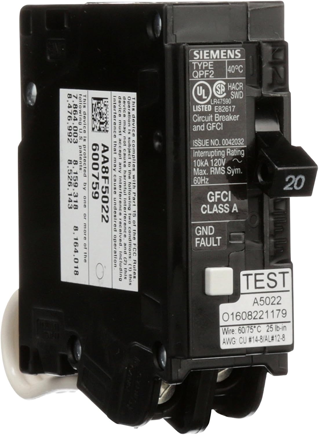 Siemens QF120A Ground Fault Circuit Interrupter, 20 Amp, 1 Pole, 120 Volt, 10, 000 AIC, Black - - 