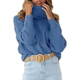 MURMUREY Womens Turtleneck Drop Shoulder Sweaters Chunky Knit Long Sleeve Oversized Sweater Fall Winter Pullover Jumper Tops Blue