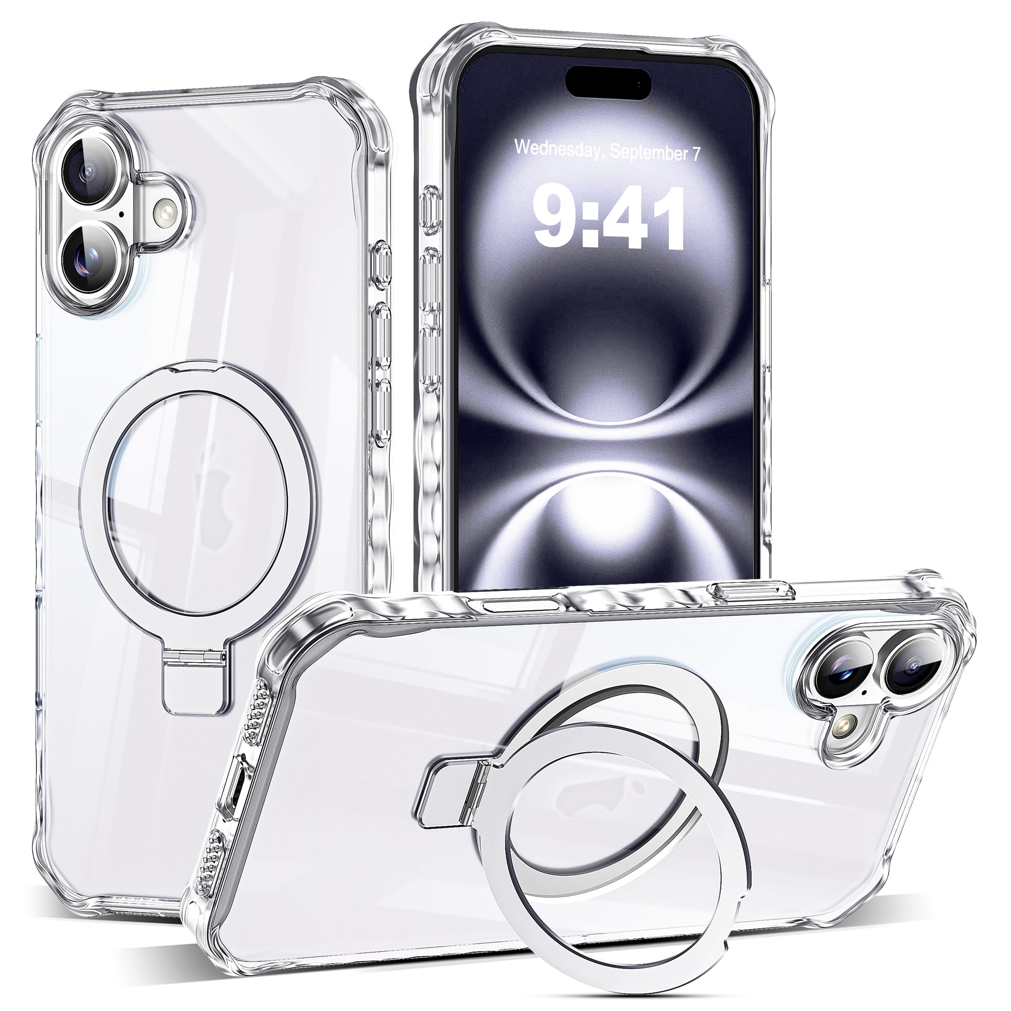 JQRZAOAK for iPhone 16 Case with Magnetic Invisible Stand [Compatible with Mag-Safe] [Military Drop Tested] Slim 16 Phone Case with Good Grip Curly Wave Edge for Women Men 6.1'', Clear