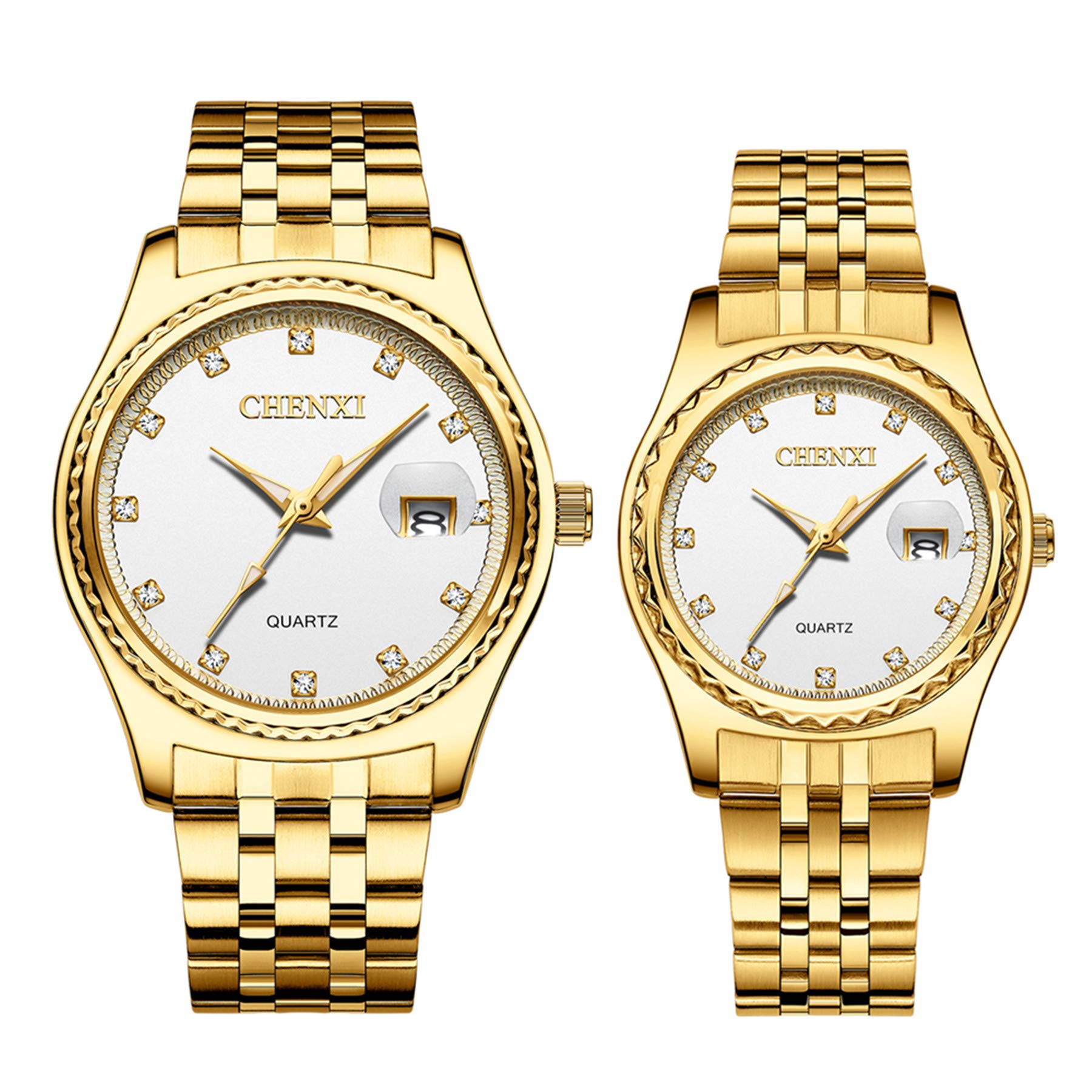 JewelryWe Couple Watches Gold Plated Stainless Steel Wristwatch Calendar Quartz Watch Men Women His and Her Matching Watch Set โ image 1