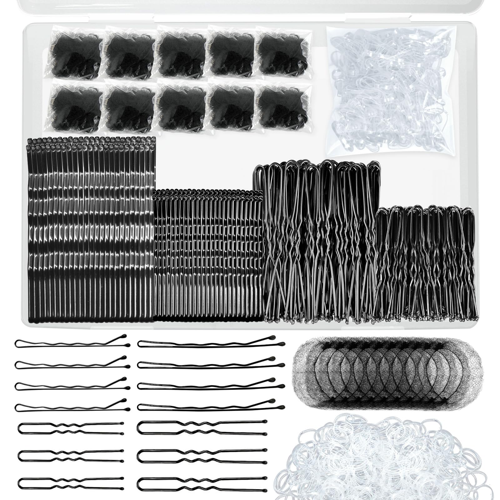 Photo 1 of 510PCS Black Bobby Pins Hair Pins Kit with Hair Net, YINGFENG Includes 100 Bobby Pins for Women, 100 U-Shaped Buns Hair Clips, 300 Hair Bands and 10 Black Hair Nets, Dance competition must haves