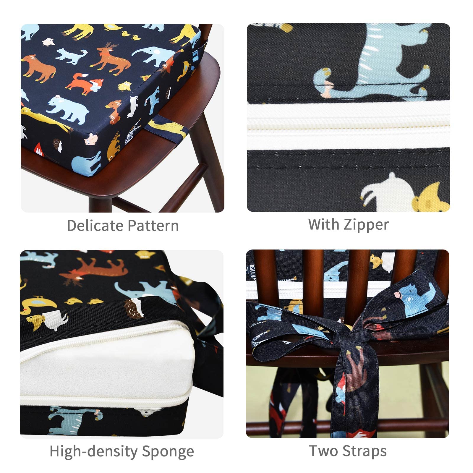 Toddler Booster Seat for Dining Table, Adjustable Double Seat Belt, Washable Waterproof, Portable for Travel, Increase Cushion (Black)