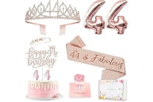 AWFRKY 44th Birthday Decorations for Her Women, Including 44 year old Birthday Cake Topper, Queen Sash with Pearl Pin, Sweet Rhinestone Tiara Crown, Number Candles and Balloons Set, Rose Gold