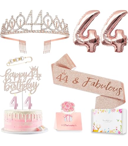 44th Birthday Decorations Kit - Rose Gold Banner, Sash & Balloons