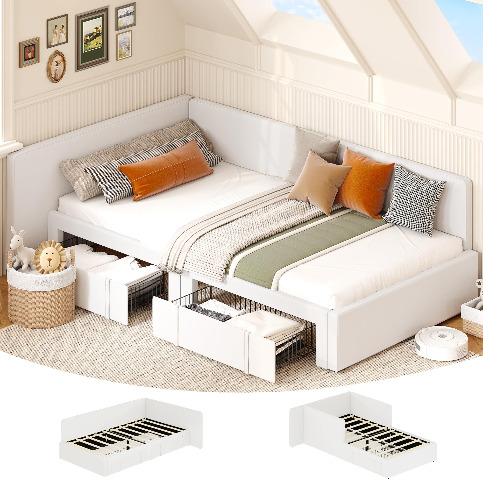 Photo 1 of **DIRT FROM TRANSPORT **GarveeHome Twin Daybed with Storage Drawers, Velvet Upholstered Corner Bed Frame with Headboard, Modern Kids Bed with Bed Rails for Living Room, Bedroom, Easy Assembly, Beige