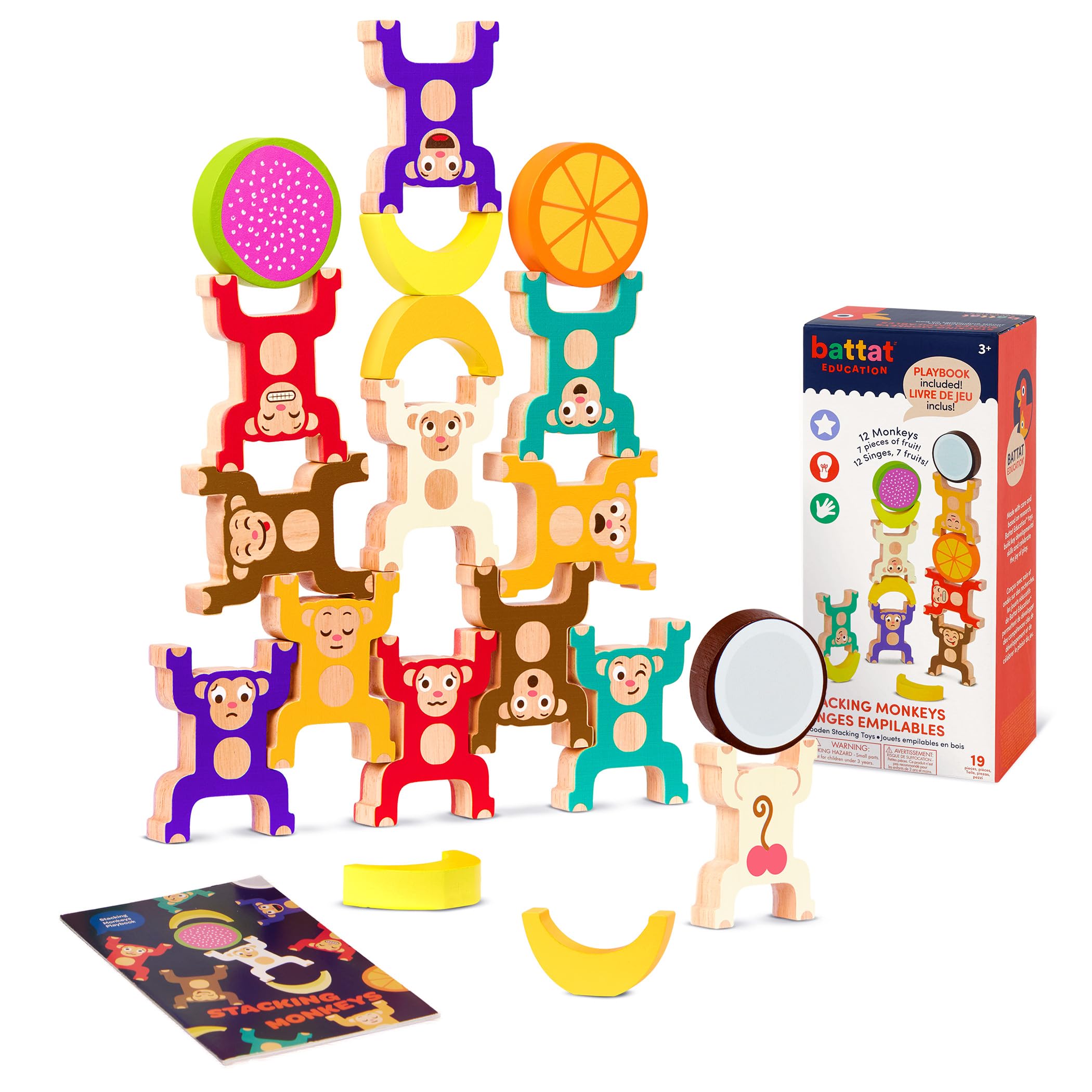 Battat Education – Wooden Stacking Monkeys Toy for Toddlers – Colorful Interlocking Rings – Develop Fine Motor Skills & Hand – Eye Coordination – Fun Balancing Building Blocks for Kids 3+ Years