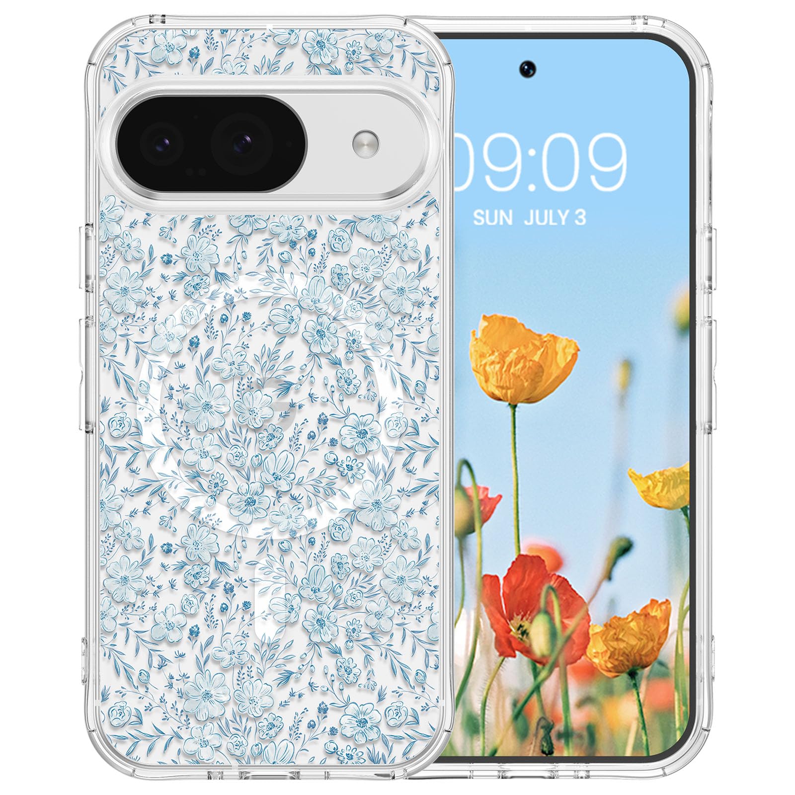 RALEAVO for Google Pixel 9/9 Pro Case Compatible with MagSafe Clear Floral Pattern Design Cute for Girls Women Slim Magnetic Hard Back Shockproof Phone Case for Pixel 9/9 Pro,Blue Flowers