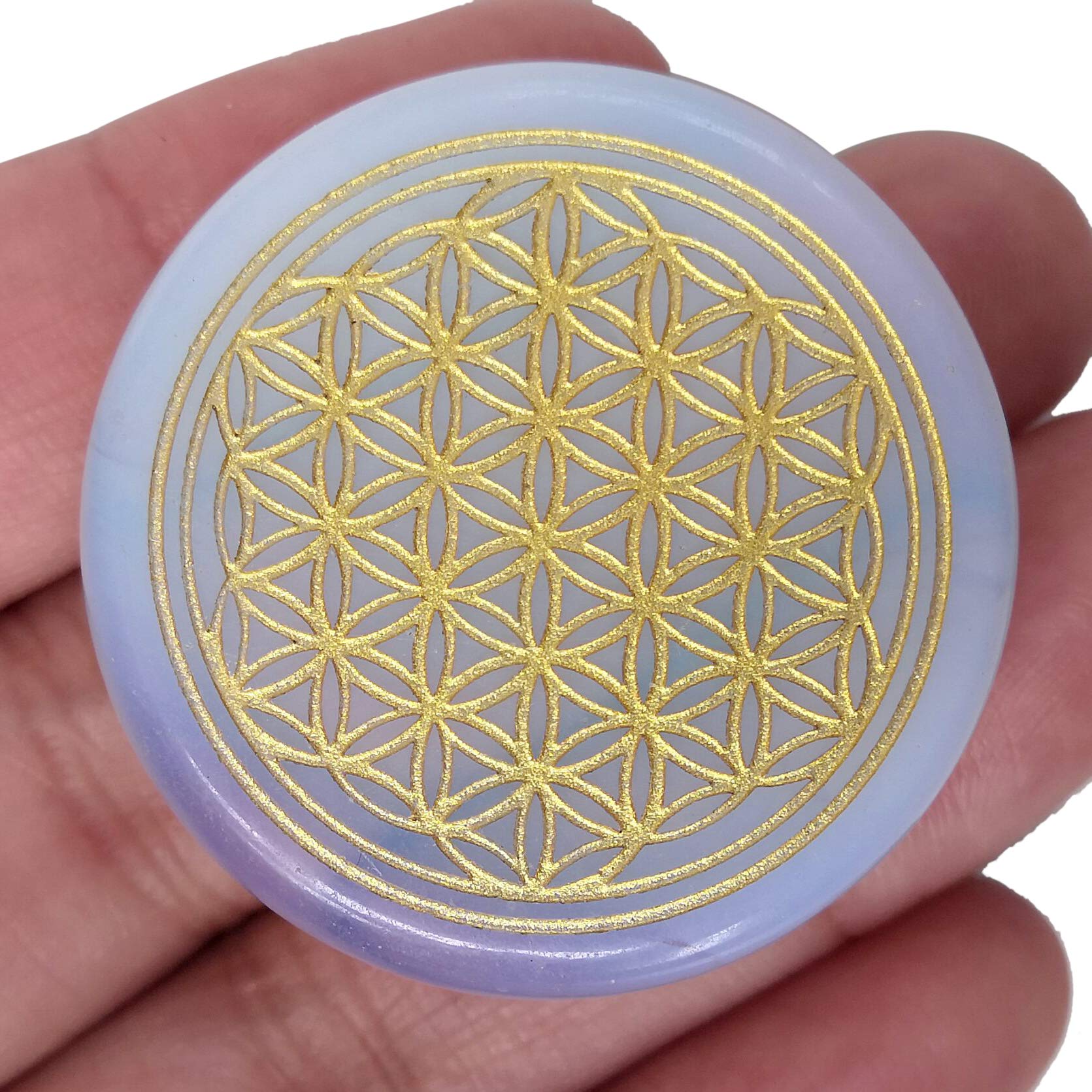 Lovionus89 Synthetic Opalite Flower of Life Engraved Healing Crystal Chakra Balancing and Positive Energy Generator Palm Pocket Stone