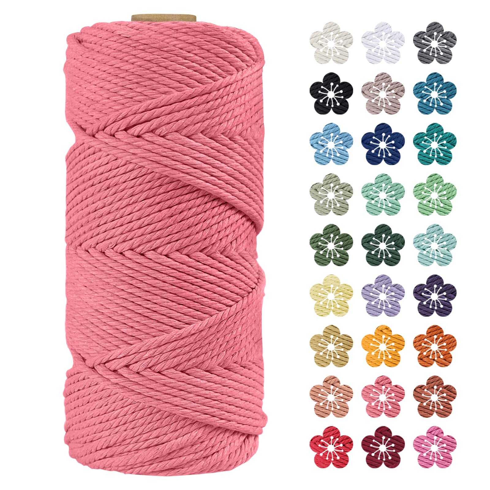 LEREATI Macrame Cord 4mm x 100m, Thick Macrame Rope Natural Cotton Rope Craft String, 4 Strand Twisted Cotton Cord Yarn for DIY Plant Hanger, Wall Hanging, Christmas Decoration (Watermelon pink)