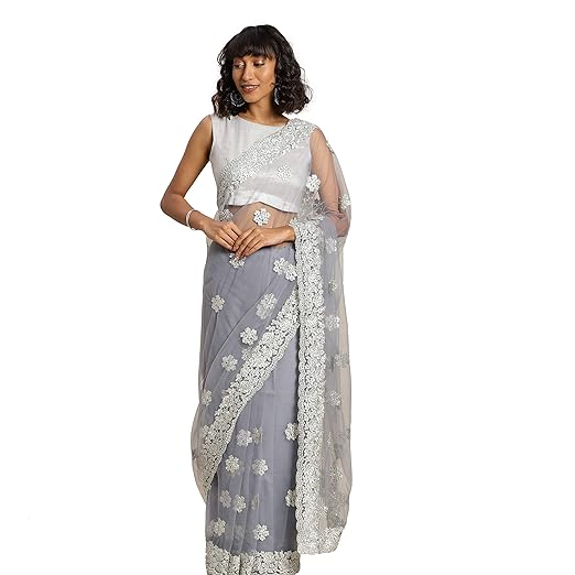 Womanista net with Blouse Piece Saree (FS9935_ Grey_ Onesize)