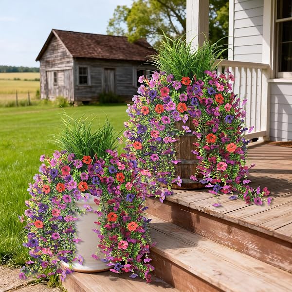 ARTIFICIAL HANGING FLOWERS WITH WHEAT GRASS FOR OUTDOORS, 5 PCS FAKE HANGING PLANTS FOR SPRING DECOR, UV RESISTANT FAUX SILK FLOWER GREENRY FOR PLANTER PORCH PATIO YARD GARDEN(MIXD PURPLE RED)