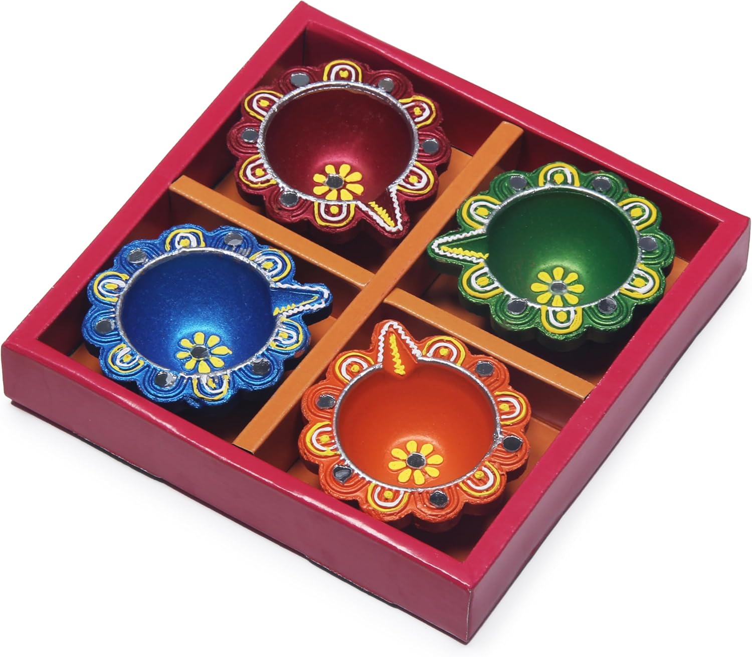 Oil Lamps & Accessories - Handmade Terracoaat Set of 4 Multicolored Deepak Clay Diya for Diwali/Navratri Decorations Oil Lamp Diwali Clay Diya Tea Light Holder Indian Decor Festival Gifts Puja Items