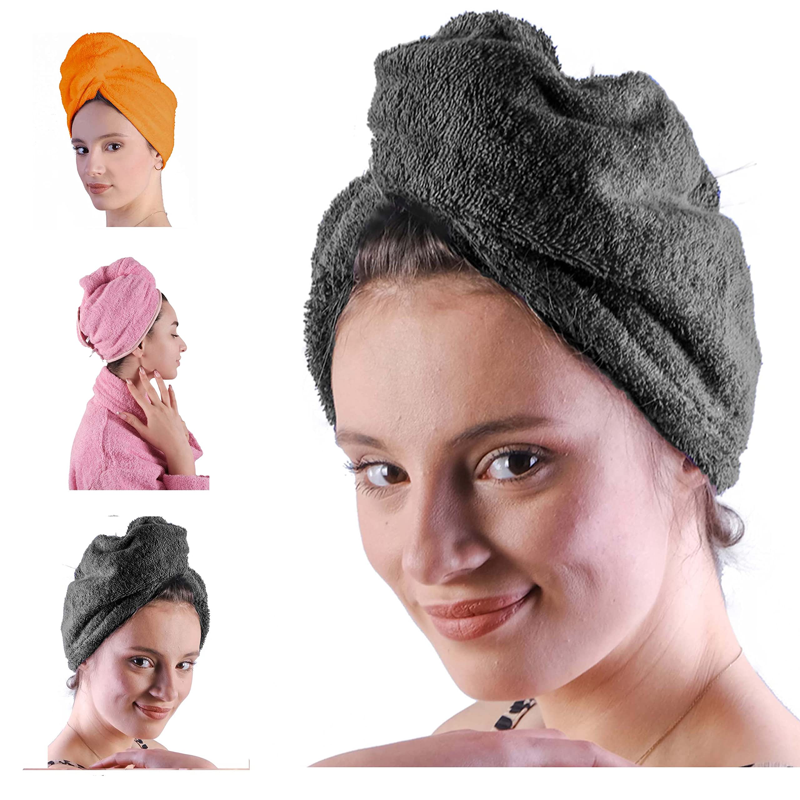 LLAMAXY Hair Towel 100% Pure Organic Cotton Hair Drying Towels Adult Child Hair Wraps Hair Turban - Towel Wrap Hair Drying Quick Twist Rapid Dry Cap 3 pack of Grey + Pink + Orange