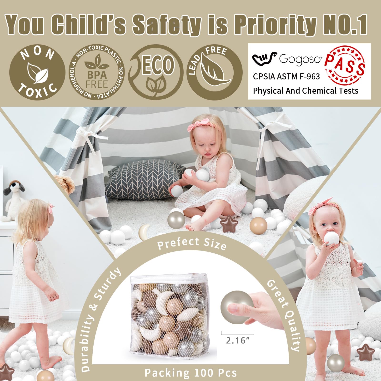 GOGOSO Ball Pit Balls Stars Moon Shapes Plastic Pitballs for Toddler Play Tent Baby Photo Props Kids Pool Water Toys Kiddie Pool Party Decor, Coffee+Beige Mix Cream Colors +Pearl Colors,100PCS
