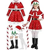 RUODON Kids Santa Costume, Christmas Girls Santa Dress Set with Hat Glasses Cape Belt Cane Socks Boot Covers