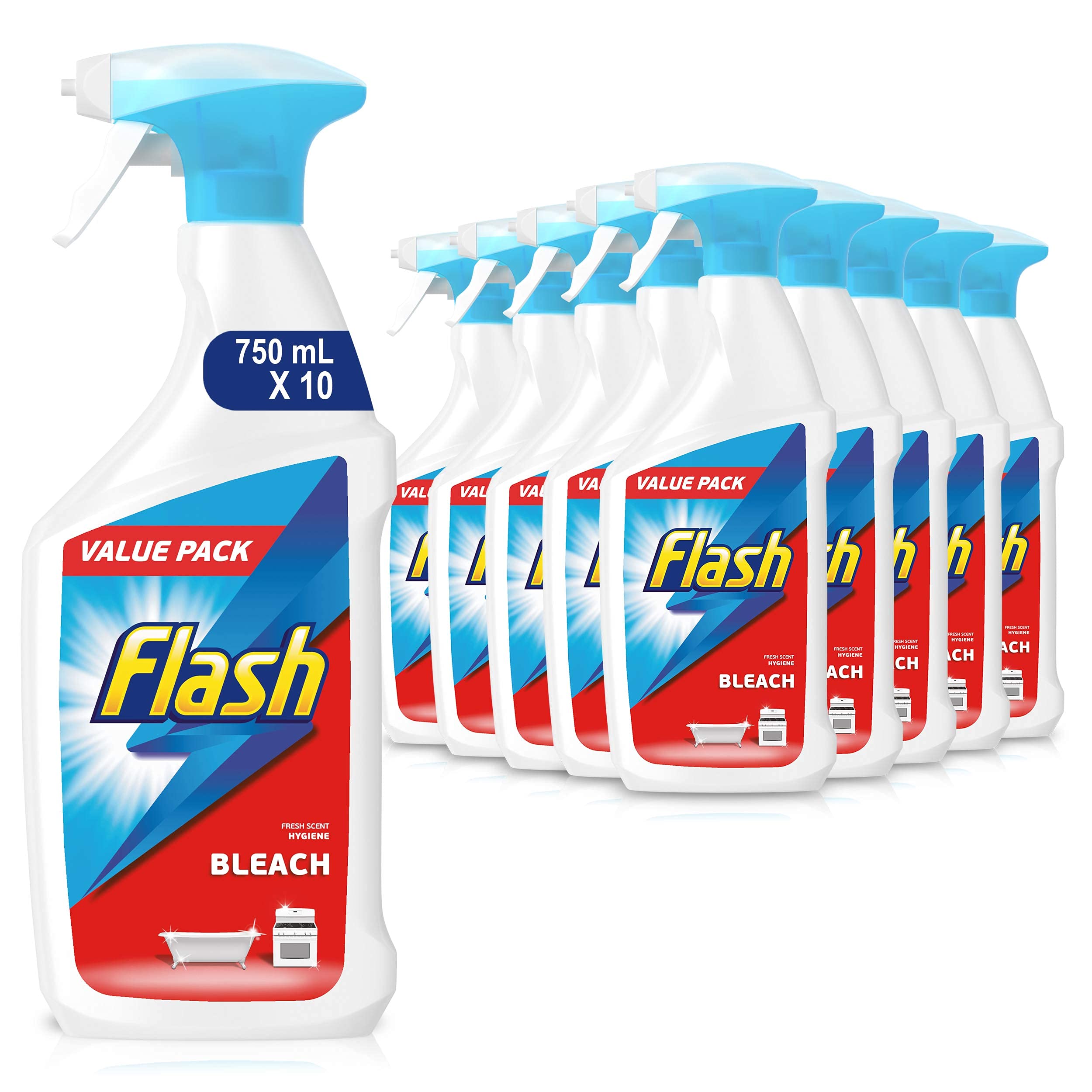 Flash Multi Purpose Bleach Spray, Floor Cleaner & Grease Remover, Fresh, 7.5 Litres (750 ml x 10)