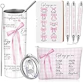 Patelai 6 Pcs Pink Bow Christian Gift for Women Coquette Makeup Bag Christian Tumbler Bible Coquette Gifts for Girls Religious Pink Bow Notebook Ballpoint Pen for Daughter Sister Church School
