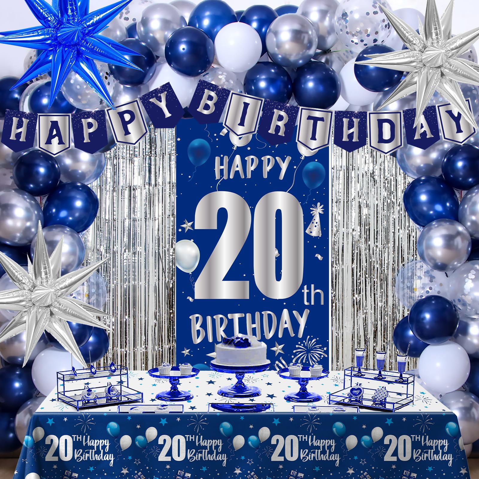 Photo 1 of 20th Birthday Decorations for Boys Men, Blue Happy 20th Birthday Decorations for Him Her, Boy 20 Birthday Door Banner, Balloons Tablecloth Foil Backdrop Star Balloons for 20 Year Old Party Decor