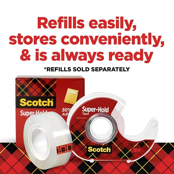 SCOTCH SUPER HOLD, TRANSPARENT, CLEAR GLOSSY FINISH, 4 TAPE ROLLS WITH DISPENSER, TAPE ROLLS FOR HOME OFFICE AND SCHOOL, 3/4 IN. X 650 IN.