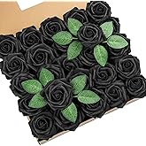 DuHouse 25Pcs Artificial Roses Flowers Fake Roses with Stems Real Touch Foam Flowers for DIY Wedding Bouquet Centerpiece Halloween Floral Arrangement Party Home Decor(Black)
