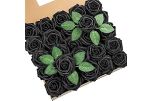 DuHouse 25Pcs Artificial Roses Flowers Fake Roses with Stems Real Touch Foam Flowers for DIY Wedding Bouquet Baby Shower Centerpiece Halloween Floral Arrangement Party Home Decor(Black)