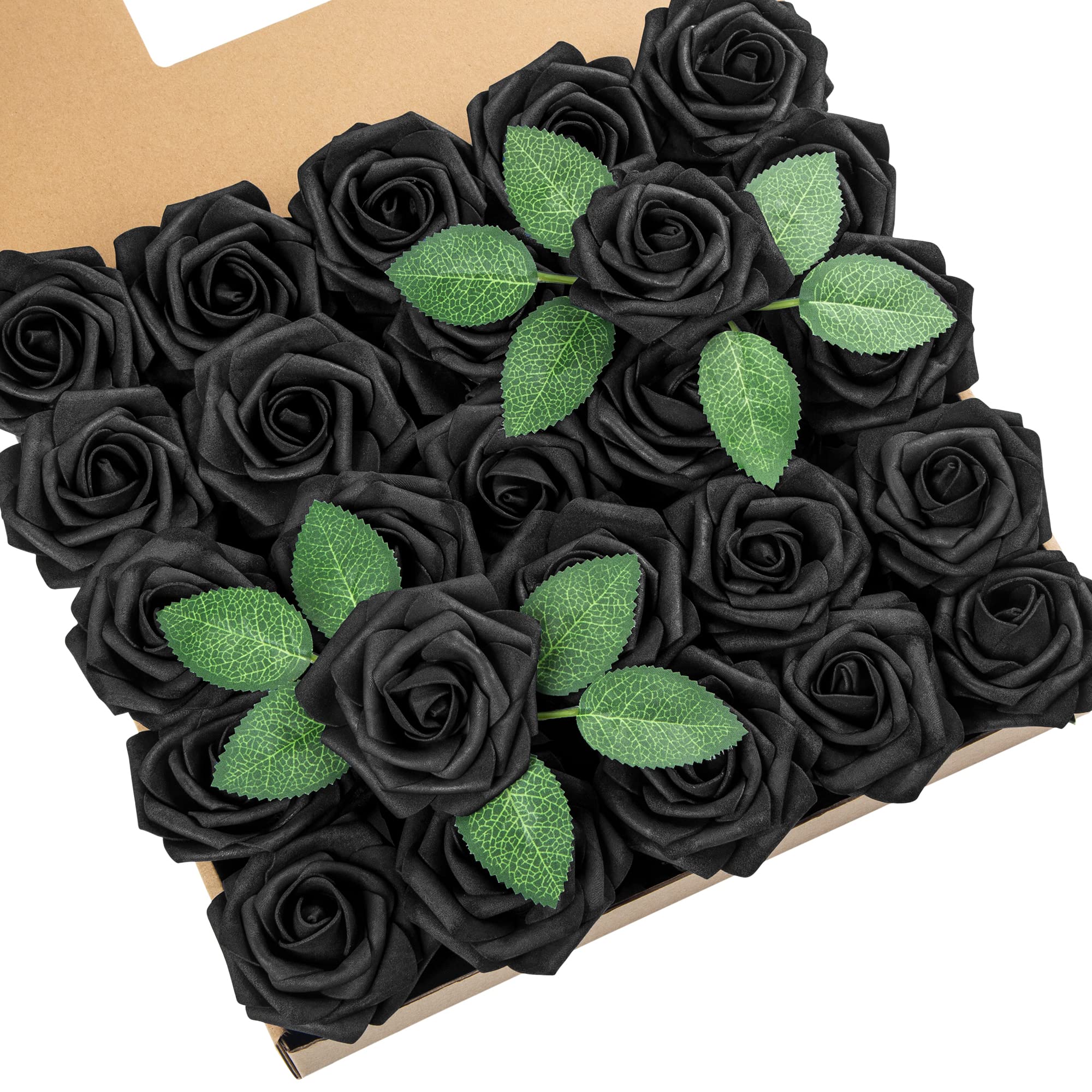 DuHouse 25Pcs Artificial Roses Flowers Fake Rose with Stems Real Touch Foam Flower Head for DIY Wedding Bridal Bouquet Baby Shower Centerpiece Floral Arrangement Party Home Decor(Black)