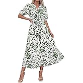 Okiwam Summer Dresses for Women 2026 Casual V Neck Short Sleeve Boho Floral Midi Dress Button Down Beach Vacation Sundress