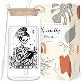 Deorfuy Book Lovers Glass Cup Gifts for Women Girls, 16 Oz the Reader Theme Glass Cup with Lids Straw Gifts for Reader, Gothic Skeleton Halloween Tumbler Book Club Present