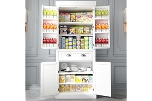 Squireewo 72" Freestanding Kitchen Pantry Storage Cabinet with Doors and 6 Hanging Shelves,Storage Cupboard with Large Drawer for Kitchen,Bathroom or Hallway, White