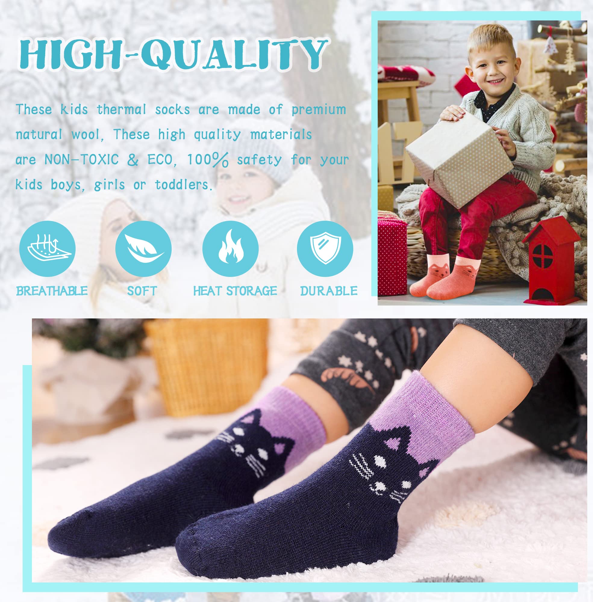 Eocom Kids Wool Socks Winter Warm Wool Hiking Thermal Thick Boot Cozy Crew Socks for Toddlers Boys Girls 6 Pairs