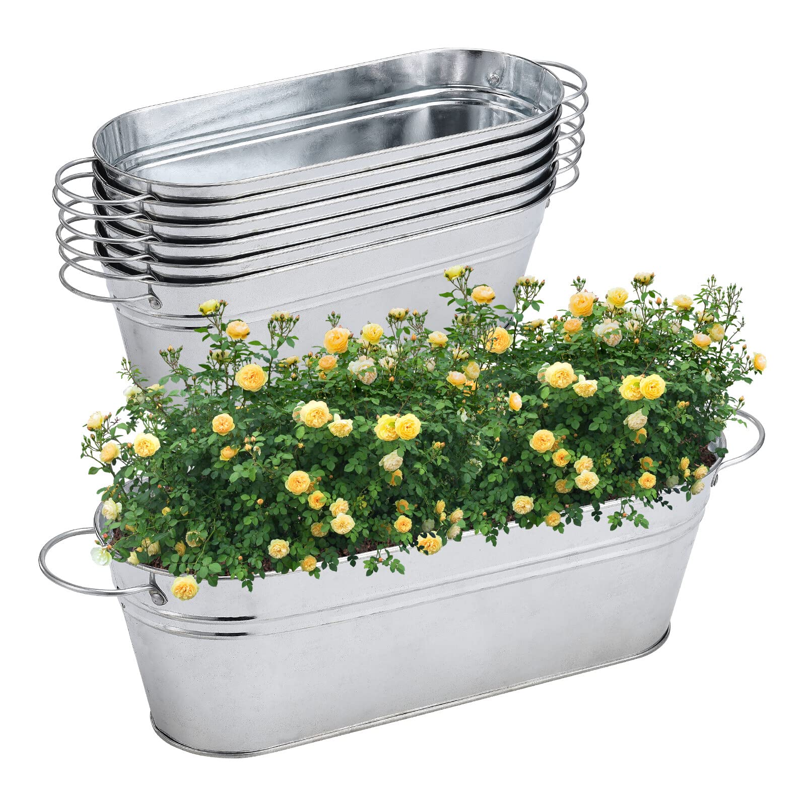 BestAlice 6 Pack Galvanized Planters for Outdoor Plants, Galvanized Oval Planters Tub Galvanized Buckets with Handles, Metal Pail Flower Pot for Indoor Outdoor Decor