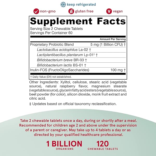 JARROW FORMULAS YUM-YUM DOPHILUS, NATURAL RASPBERRY PROBIOTIC SUPPLEMENT – 1 BILLION ORGANISMS PER SERVING – 120 CHEWABLE TABLETS – INTESTINAL & IMMUNE HEALTH – FOR KIDS & ADULTS (PACKAGING MAY VARY) (PACK OF 1)