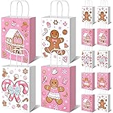 Bolsome 24Pcs Christmas Paper Gift Bags Pink Gingerbread Man Theme Party Favor Bags Candy House Treat Goodie Bags with Handles for Christmas Party Holiday Baby Shower Decorations Supplies