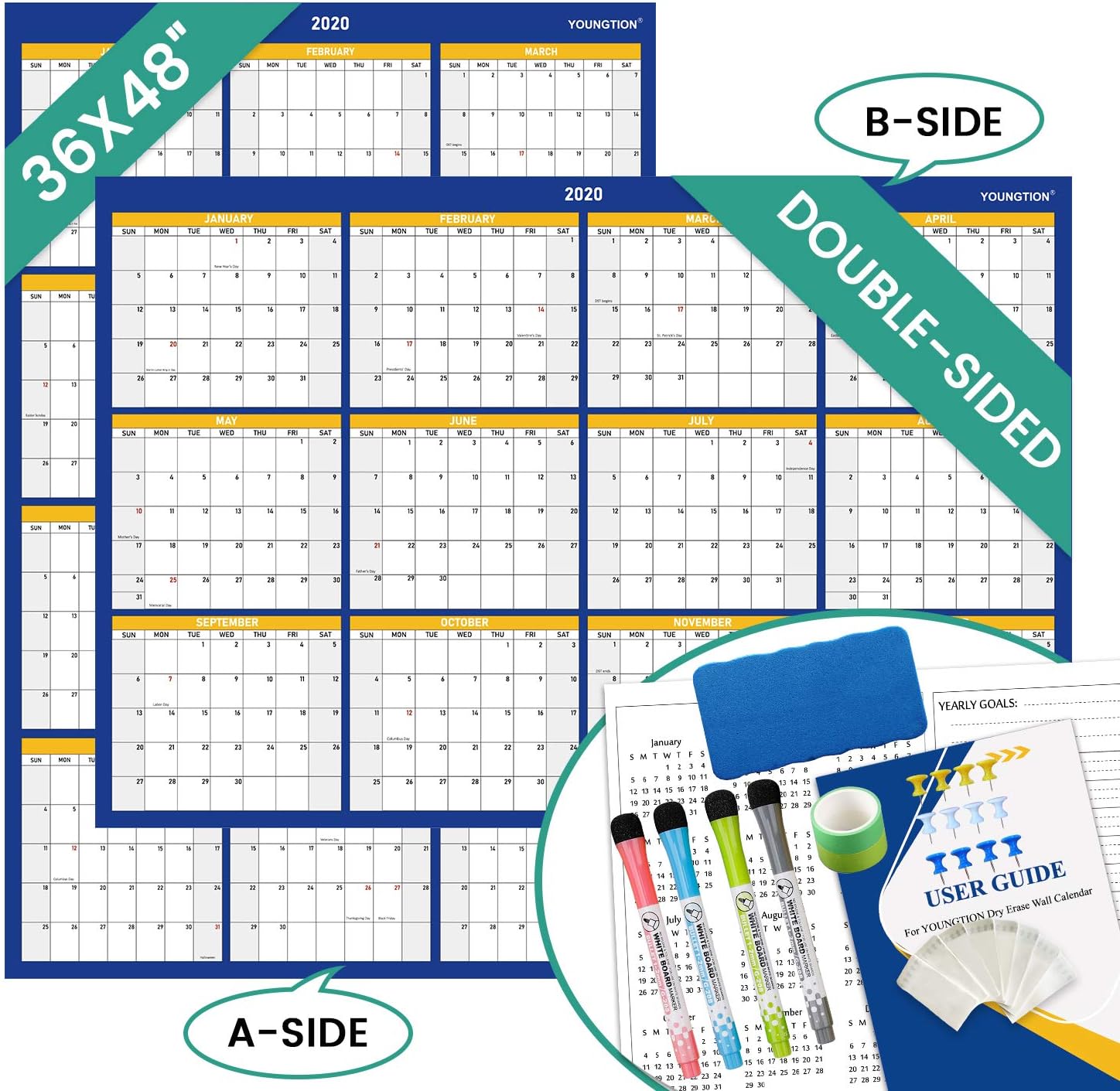 YOUNGTION 2020 Jumbo Dry Erase Calendar, Double-Sided 36 x 48 Inches Laminated 2020 Yearly Wall Planner with Accessories