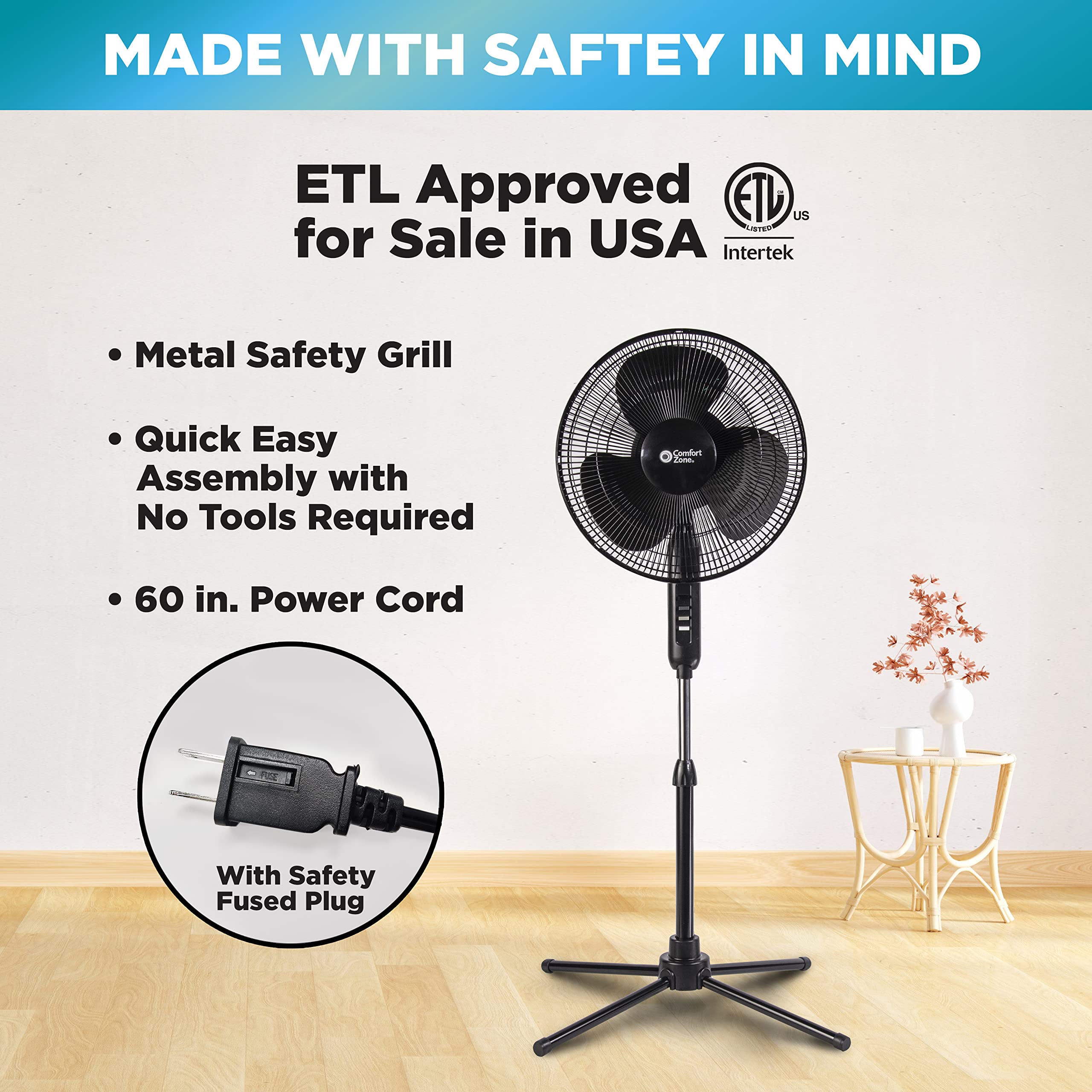 Comfort Zone Electric Oscillating Pedestal Fan, Stand Fan, 16 inch, 3 Speed, 90 Degree Oscillating Head, Adjustable Height and Tilt, Airflow 7.48 ft/sec, Ideal for Home, Bedroom & Office, CZST161BTEBK