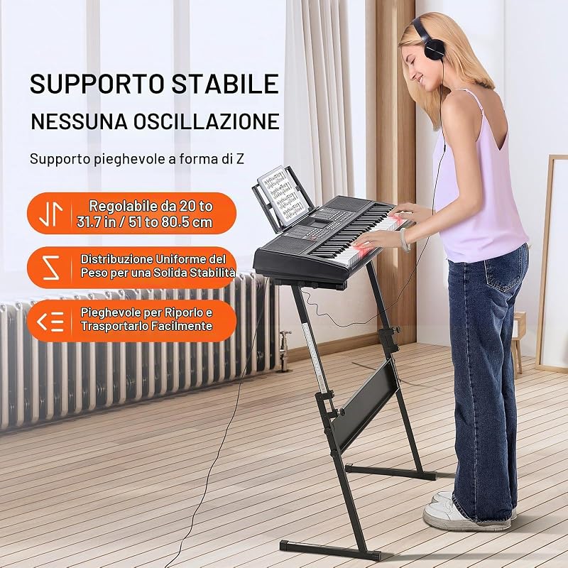 Pianoforte Digitale Tastiera, 61 Tasti, Pianoforte Elettrico Portatile, Supporto, 600 Toni, 500 Ritmi, Altoparlanti Incorporati, Pedale Sustain, Cuffie, Microfono, USB MIDI, per Principianti