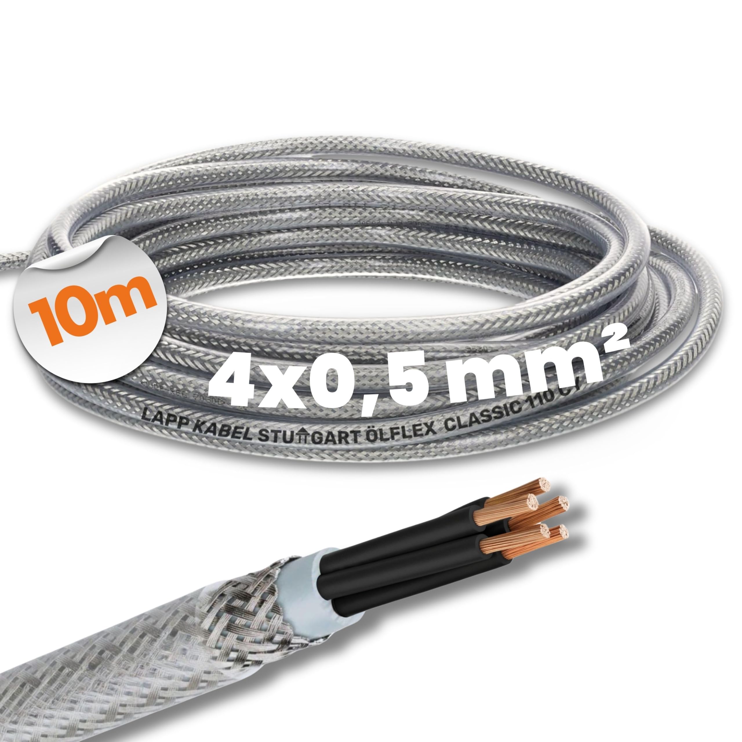 10 Metre Lapp 1135754 Ölflex Classic 110 CY Control Line 4 x 0.5 mm² with Umbrella without Green-Yellow Protective Conductor, Transparent Outer Sheath