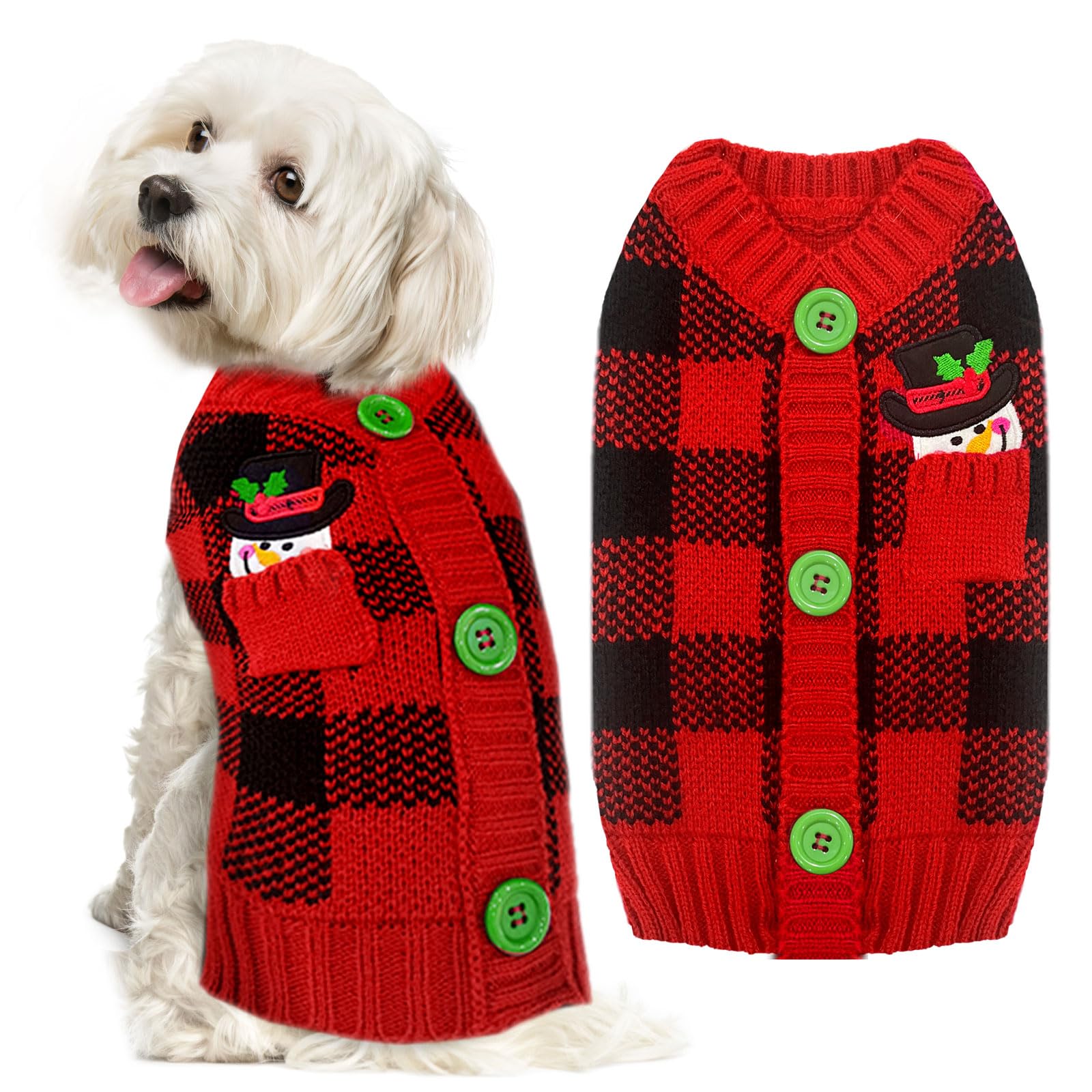 ABRRLO Dog Christams Jumpers XS Small V Neck Puppy Xmas Jumper Cute Snowman Red Doggy Cat Christmas Sweater Knitted Outfits for Small Medium Large Dogs (Grid snowman,L)