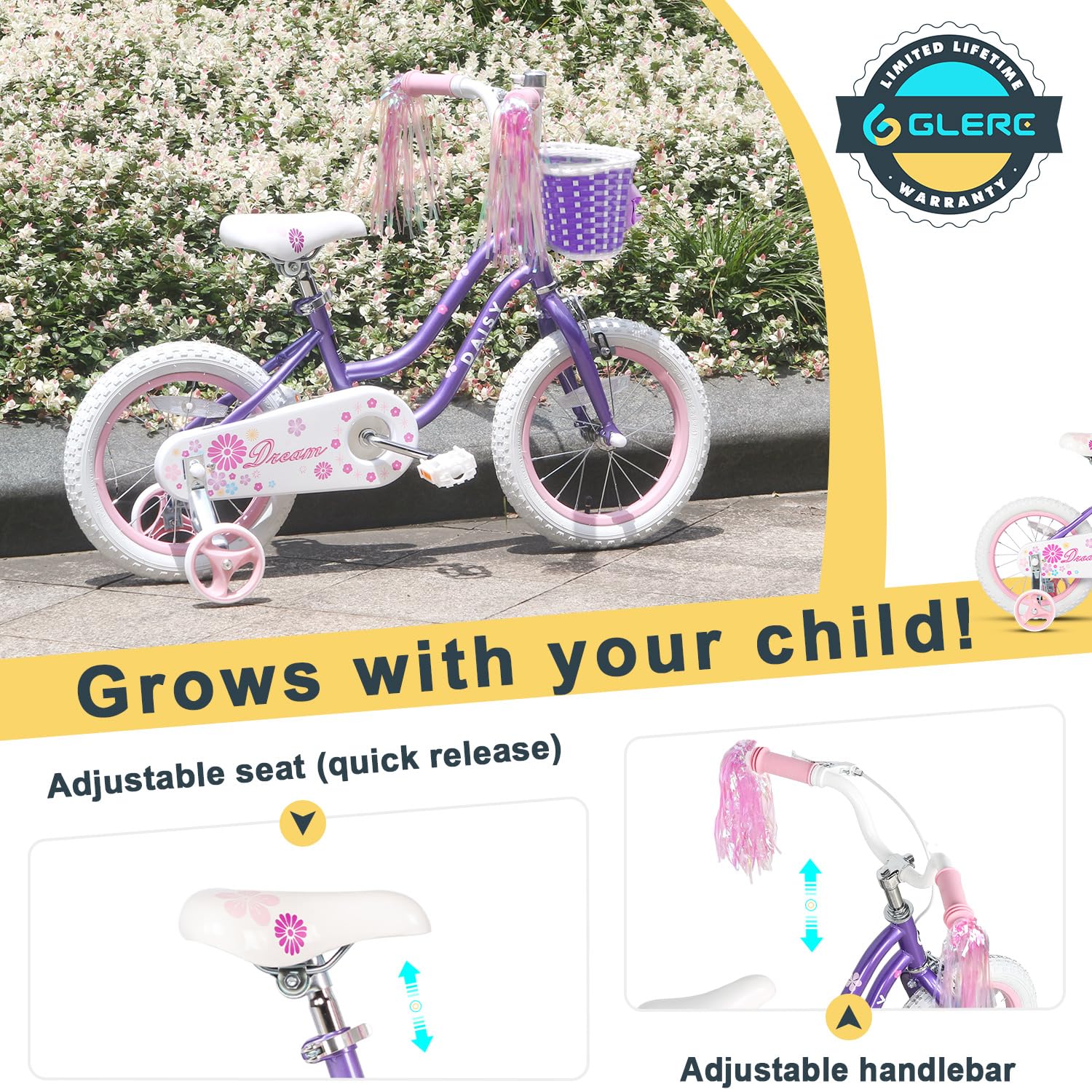 Daisy Girls Bike, 12 14 16 Inch Kids Bike for Ages 2-7 Years Old Children, Princess Style Kids Bicycle with Training Wheels & Basket & Streamers, Multiple Colors